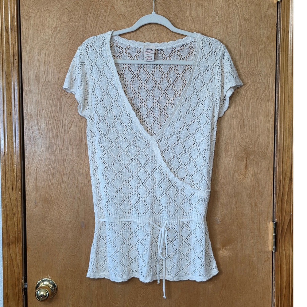 Vintage 90s Y2K Ivory Crochet Knit Wrap Top Pointelle Drawstring V-Neck Large